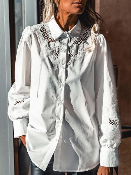 

Plain Lace Long Sleeves Plus Size Casual Shirts Tops, White, Blouses & Shirts