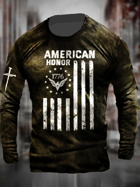 

Men's Retro Flag Pattern Casual Crew Neck Long sleeve T-shirt, T-shirt