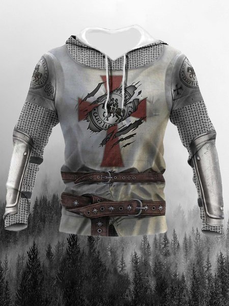 Men's Viking Warrior Graphic Print Hooded Long Sleeve Sweatshirt, Gray, Men's Top