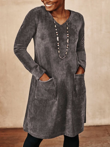 

Long Sleeve Plain V Neck Pockets Plus Size Casual Dresses, Gray, Mini Dresses