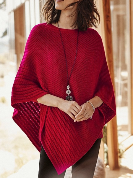 

Plain 3/4 Sleeves Crew Neck Plus Size Casual Sweaters, Red, Knitwear & Sweaters