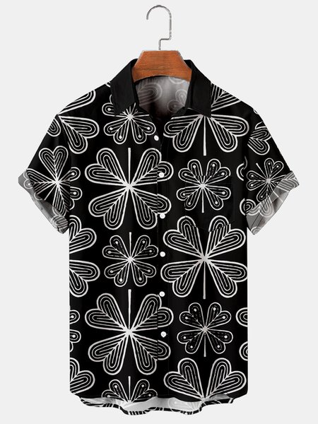 

Four Leaf Clover Graphic Short Sleeve Casual Men's Shirt, Black, Men's Floral shirt