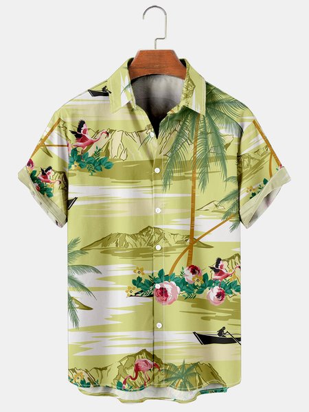 

Coconut Tree Graphic Short Sleeve Casual Men's Shirt, As picture, Men's Floral shirt