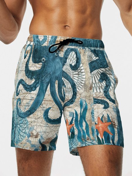 

Mens Octopus Print Casual Breathable Hawaiian Beach Pants, Blue, Men's shorts