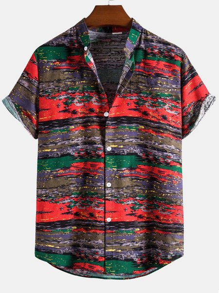 Men's Printed Stand-collar Cotton And Linen Short-sleeved Shirt, Red, Men's Floral shirt