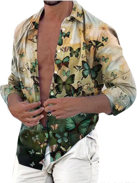 

Men's Cotton And Linen Butterfly Long-sleeved Shirt, As picture, Shirts ＆ Blouse