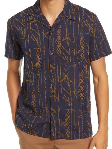 

Men's Cotton And Linen Plant Short-sleeved Shirt, As picture, Men's Floral shirt