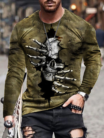 

Men's Skull Element Graphic Print Round Neck Long-Sleeved Tee, Green, T-shirt