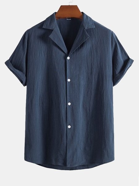 

Men's Cotton And Linen Plain Short-sleeved Shirt, Deep blue, Men's basic shirt