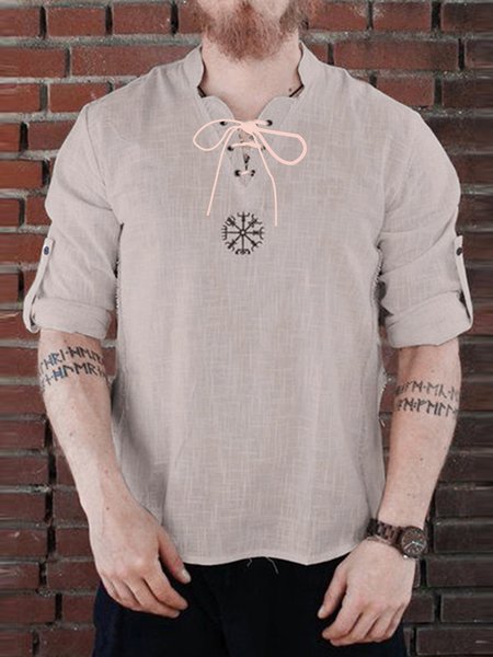 

Men's Cotton And Linen Embroidered Long Shirt, Apricot, Shirts ＆ Blouse