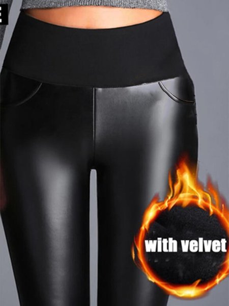 

Casual Pu leather Plain Skinny Pants, Black, Pants