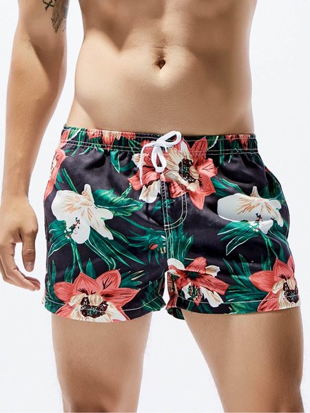 

Tropical Flower Graphic Casual Men's Beach Shorts, Red, Men's shorts