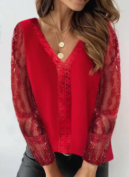 

Casual Cotton Blends Lace stitching V Neck Shirts & Tops, Red, Tops