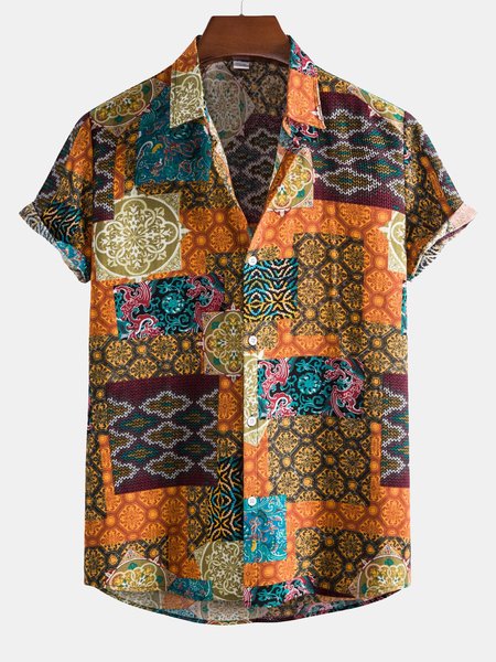 

Men's Fashion Trend Casual Cotton And Linen Printed Short-sleeved Shirt, As picture, Men's Floral shirt