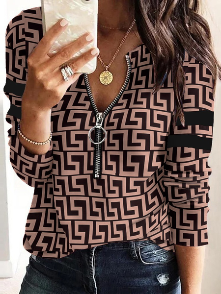 

V Neck Regular Fit Geometric Shirts & Tops, Khaki, Tops