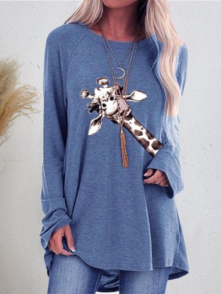Cartoon giraffe print long-sleeved casual women's blouse, Multicolor, Tops
