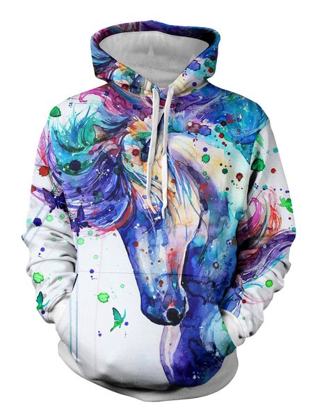 

3D Watercolor Unicorn Graphic Casual Long Sleeve Hooded Sweatshirt, White, Hoodies