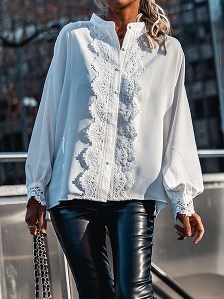 

Stand Collar Casual Solid Regular fit Shirt, White, Blouses and Shirts
