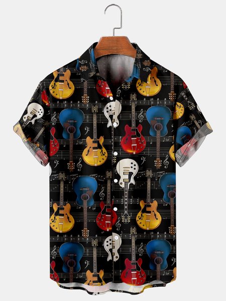 

Vacation Leisure Music Element Guitar And Text Pattern Hawaiian Style Printed Shirt Top, Multicolor, Shirts ＆ Blouse