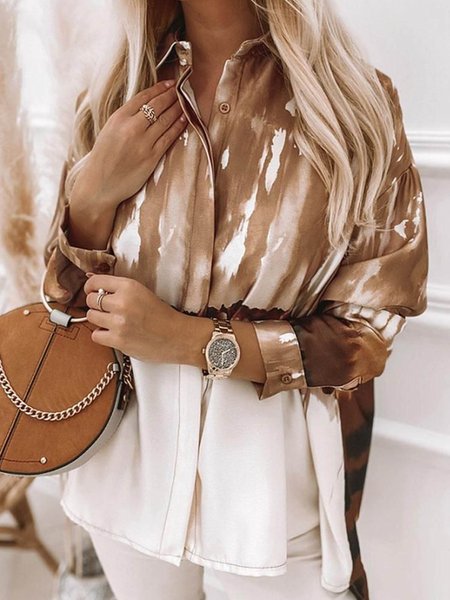 

Geometric stripe gradient long sleeve loose vacation casual shirt Plus Size, Khaki, Shirts & Blouses