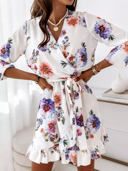

Floral V Neck Cotton Blends Vacation Dresses, White, Mini Dresses