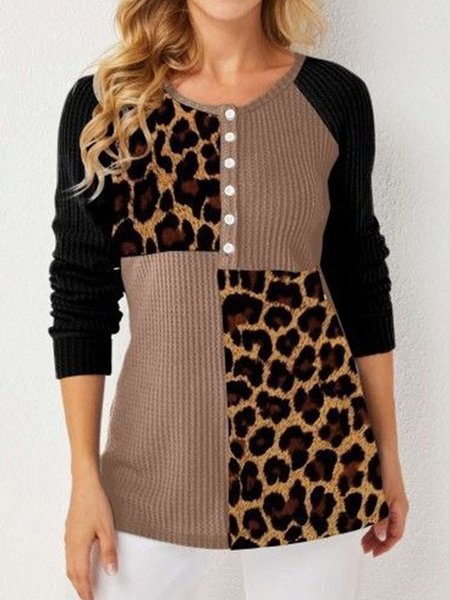 

Casual Leopard Crew Neck Loosen Shirts & Tops, As picture, Tops