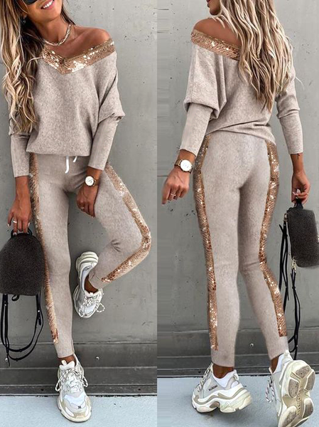 

Two-piece set of casual sports sweatshirt trousers with gold sequins webbing Casual Plain Suits, Khaki, Suit Set