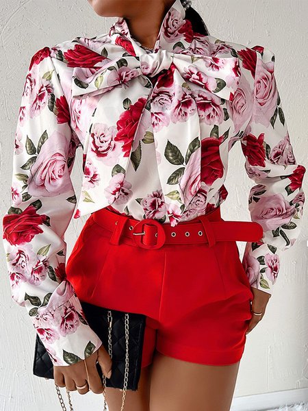 

Elegant Floral Long Sleeve Regular Fit Top, Red, Blouses and Shirts