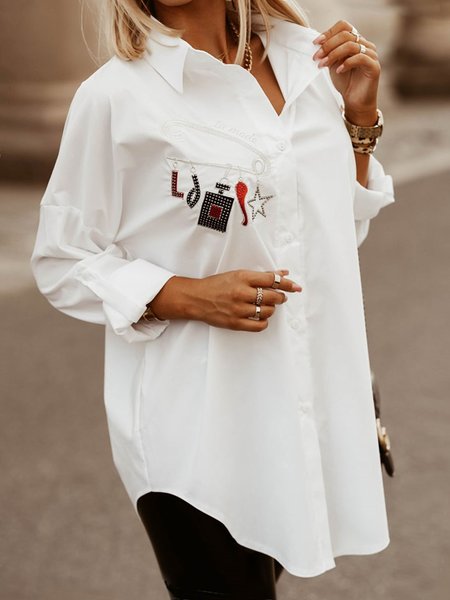 

Casual Long Sleeve Loosen Shirt Collar Shirt, White, Blouses and Shirts