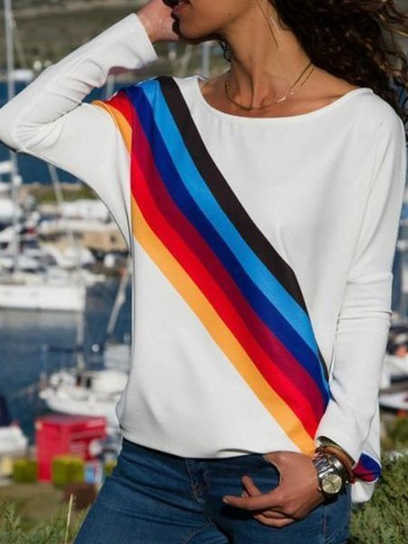

Casual Long Sleeve Crew Neck Loosen Shirts & Tops, White, T-Shirts