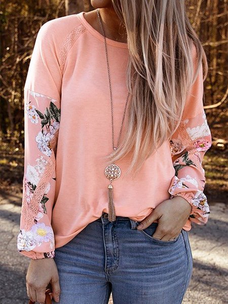 

Floral Lace Long Sleeves Crew Neck Plus Size Casual Tops, Pink, Tops