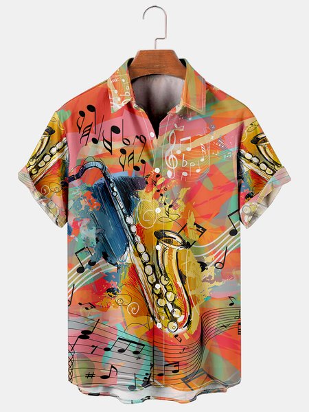 

Vacation Leisure Music Element Pattern Hawaiian Style Printed Shirt Top, As picture, Men's Floral shirt