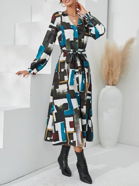 

Teal shirt collar geometric color block straight tie dress, Multicolor, Casual Dresses