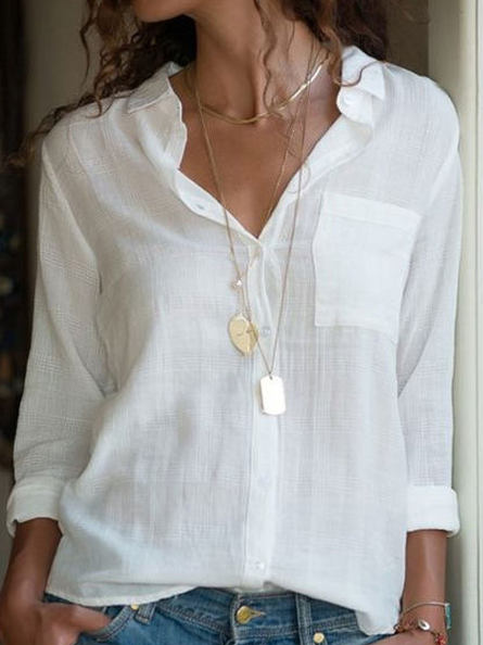 

Plain Cotton Blends Casual Shirts & Tops, White, Shirts & Blouses