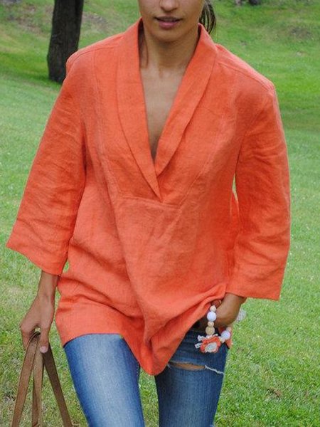 

Lapel Loosen Casual Plain Daily Top, Orange, Blouses and Shirts