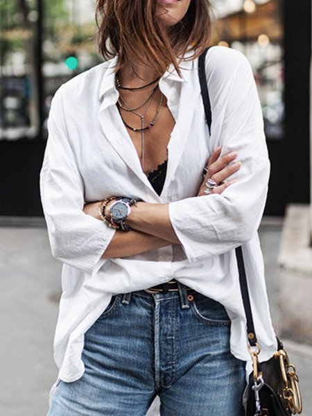 

Long Sleeve Casual Regular Fit Plain Shirts & Tops, White, Blouses & Shirts