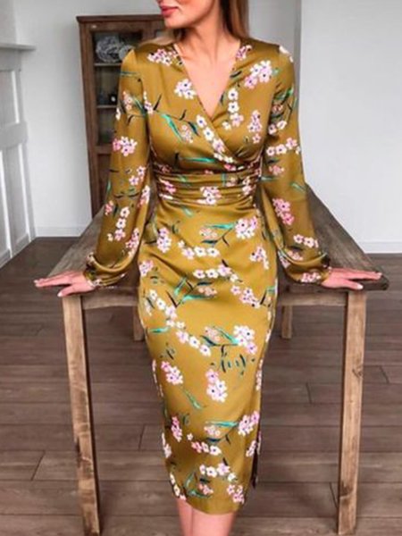 

Daily Elegant Regular Fit V Neck Dress, Yellow, Midi Dresses