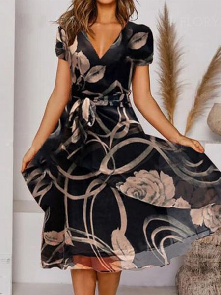 

Floral Vacation V Neck Dresses, Black, Floral Dresses