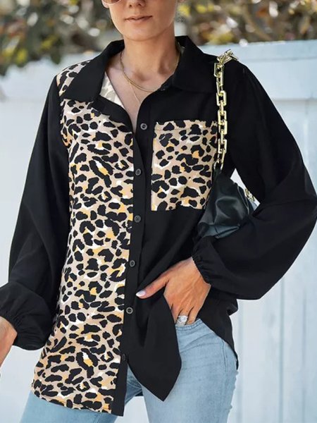 

Casual Leopard Loosen Long Sleeve Shirts & Tops, As picture, Blouses & Shirts