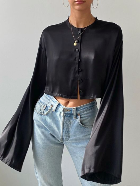 

Spring Lightweight Simple Loosen Crew Neck Daily Long sleeve Top, Black, Blouses and Shirts