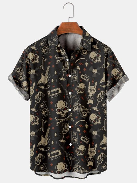 

Vacation Leisure Music Elements Skull And Guitar Pattern Hawaiian Style Printed Shirt Top, As picture, Shirts ＆ Blouse