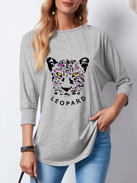 Solid round neck animal leopard print design women's blouse, Multicolor, Tops