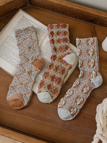 

3 Pairs Of Literary Retro Striped Floral Socks, As picture, Socks