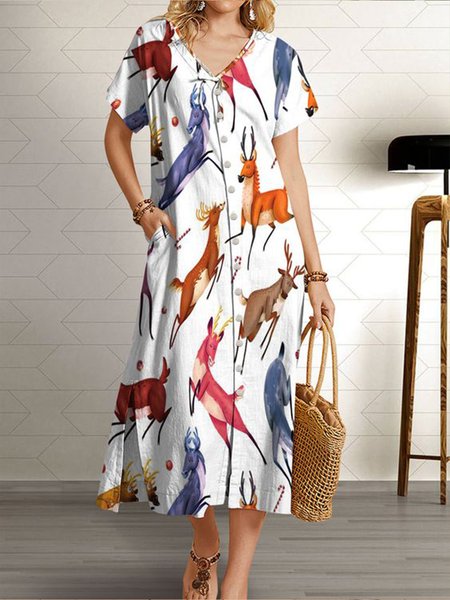 

V-neck and A-line animal multicolor print dress, Maxi Dresses