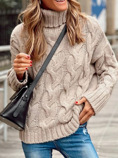 

Long Sleeve Casual Plain Sweater, Khaki, Knitwear & Sweaters