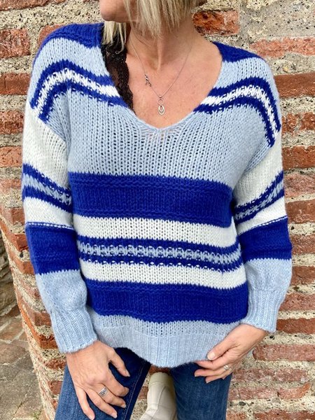 

Casual Striped V neck Loosen Long Sleeve Sweater, Blue, Knitwear & Sweaters