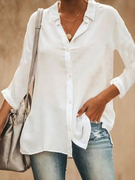 

Loosen Shirt Collar Casual Shirts & Tops, White, Shirts & Blouses