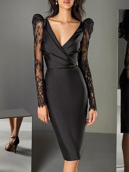 

Elegant Lace Satin Party Solid Black Dress, Midi Dresses