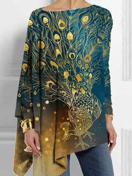 

Long sleeve round neck geometric gradient animal bird peacock feather loose elastic top T-shirt Plus Size, Green, Tops