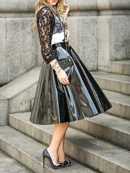 

Regular Fit Simple Pu Leather Black Skirts, Midi Skirts